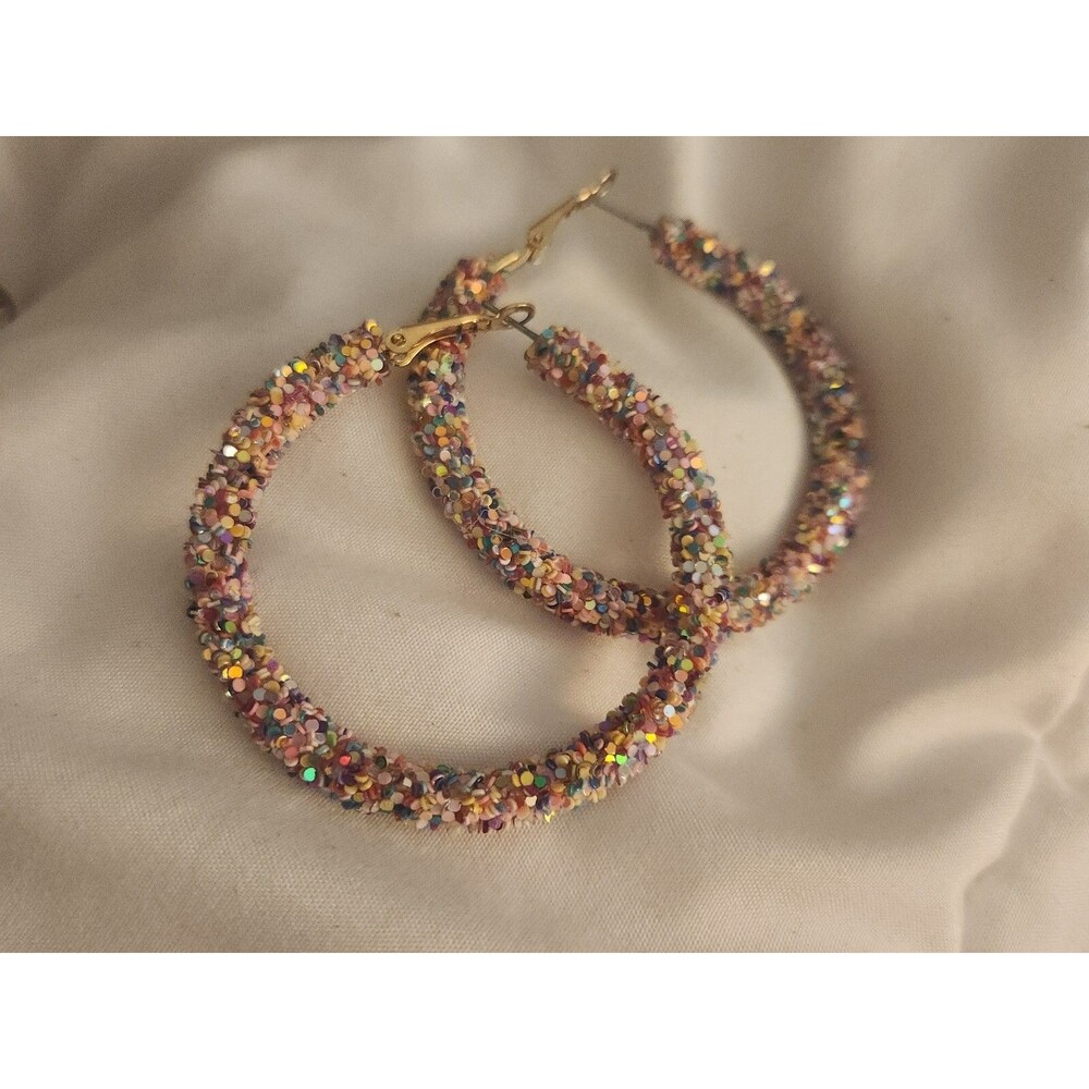 Pink Rainbow glitter hoop earrings 2.25 Inches Diameter.